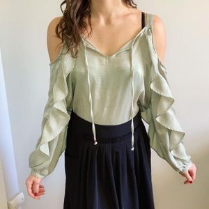 Lee Sage Green Open Shoulder Ruffle Top